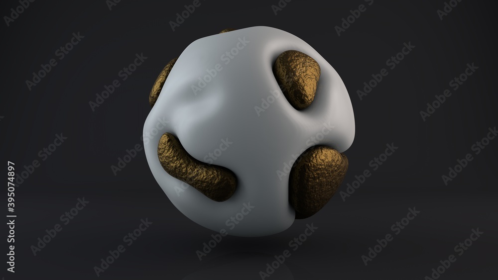 Poster 3d rendering of an abstract shape, drops of metal, gold and biological fluid are combined into a sph