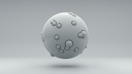 3D rendering of a perfect white ball on a white background. Small balls of different sizes are pressed into the surface of the sphere. Combination of size and shape, abstract illustration.