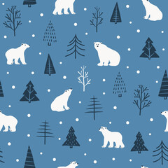 Polar Bears in snowy forest seamless pattern for kids - for fabric, wrapping, textile, wallpaper, background.