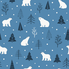 Polar Bears in snowy forest vector seamless pattern for kids - for fabric, wrapping, textile, wallpaper, background.