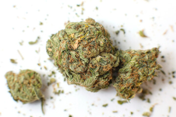 Cannabis branch and joint isolated in a white background. Marijuana legalization. Medical cannabis. Drug addiction.	