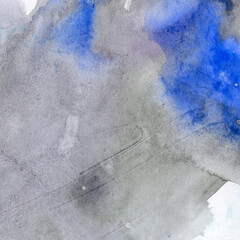Watercolor illustration. Marble texture. Watercolor transparent stain. Blur, spray. Gray and blue color.