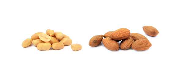 Group almonds and peanuts  isolated on a white background