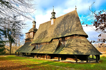 Wooden church from XVI Century in Sekowa near Gorlice, Low Beskid (Beskid Niski), Poland - obrazy, fototapety, plakaty