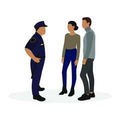 Policeman in uniform and couple of young people on white background