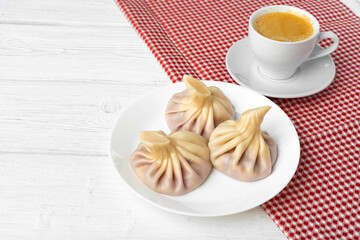 Traditional Georgian dish Khinkali stuffed dough close up