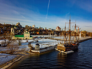 City of Voronezh, aerial view. Admiralteiskaya square, Assumption (Admiralty) Church and monument of first Russian ship