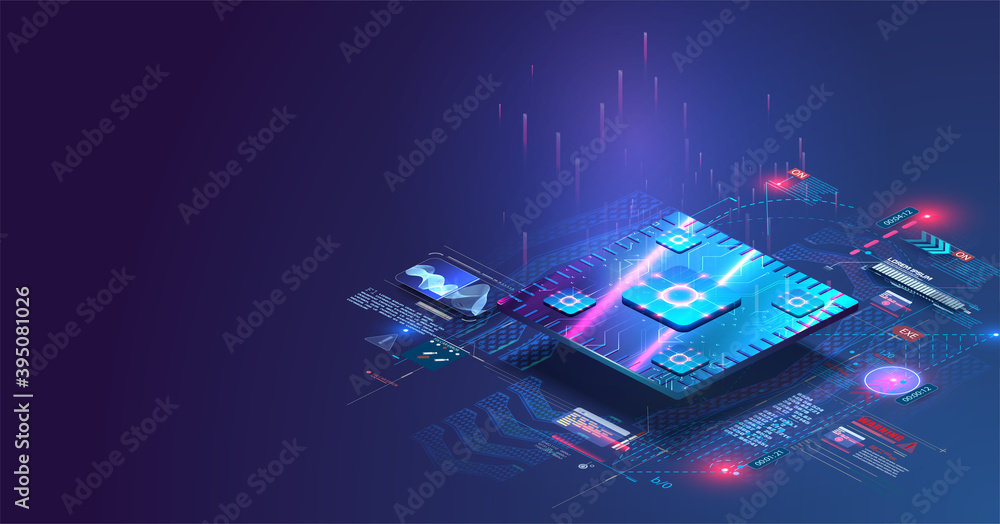 Poster Microchip processor with lights effects. Cybernetic system, futuristic computing technology. Electronics microchip technology. Blockchain, fintech, ai,  hardware, software. Analysis, scanning chip