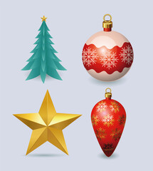merry christmas spheres star and pine tree vector design