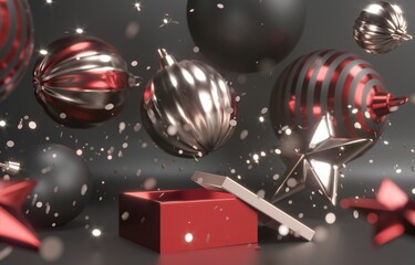 Red, golden gift box with presents in white studio. Empty space for advertising design.Dark winter decor, christmas toys. Merry Christmas and Happy New Year - 3d render illustration. 