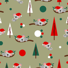 Seamless pattern with koala babies in red Christmas hats sleeping on eucalyptus. Fir trees. Green gray background. White, red and green round confetti. Post cards, textile, wallpaper, wrapping paper