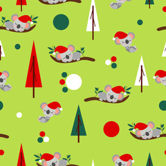 Seamless pattern with koala babies in red Christmas hats sleeping on eucalyptus. Fir trees. May green background. White, red and green round confetti. Post cards, textile, wallpaper and wrapping paper