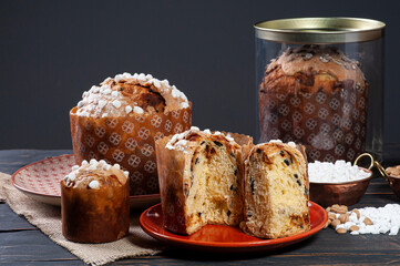 .Delicious homemade panettone with natural fermentation. Copy space