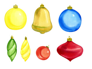 Watercolor elements. Christmas toys on a white background.