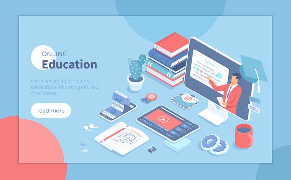 Online education. Distance learning, online courses, educational webinars at home. Educational video at monitor with teacher, tablet, phone, books, notebooks. Isometric vector illustration for banner