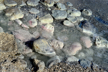 Texture of Dead Sea. Salty sea shore background. Salt accumulation on the Dead Sea shore in Jordan