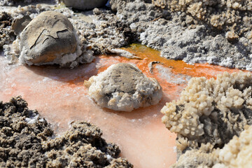 Texture of Dead Sea. Salty sea shore background. Salt accumulation on the Dead Sea shore in Jordan