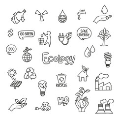 A set of doodle style drawings on the theme of ecology Environmental protection Saving the planet