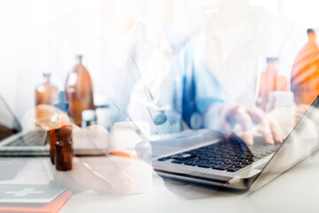 Medical technology concept The doctor works with mobile phones, headphones and tablets. Digital laptop in the modern office at the hospital in the morning