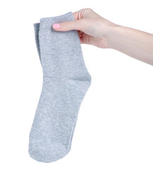 male socks in hand on white background isolation