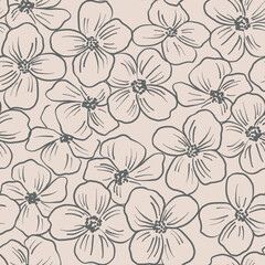 Contoured floral seamless pattern. Simple minimalistic style. Blossoming branches of trees. Outline of flowers. Symbol of spring.