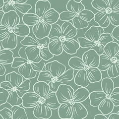 Fototapeta na wymiar Contoured floral seamless pattern. Simple minimalistic style. Blossoming branches of trees. Outline of flowers. Symbol of spring.