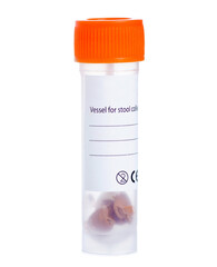 Plastic container for stool collection on white background isolation
