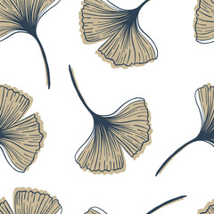 A simple boho-style pattern with a Ginkgo biloba plant. The delicate neutral colors of the background. - 395087648