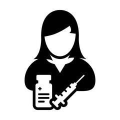 Vaccine icon vector with syringe female user person profile avatar symbol for medical and healthcare treatment in a glyph pictogram illustration