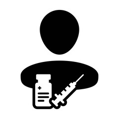 Person icon vector with vaccine syringe male user profile avatar symbol for medical and healthcare treatment in a glyph pictogram illustration