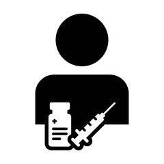 Pharmacist icon vector with vaccine syringe male user person profile avatar symbol for medical and healthcare treatment in a glyph pictogram illustration