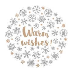 Retro simple Christmas card with golden snowflakes on white background. Winter snowflakes in circle shape with lettering Warm Wishes for greeting card, invitation or tshirt print.