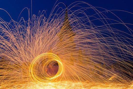 Wire Wool Against Sky At Night