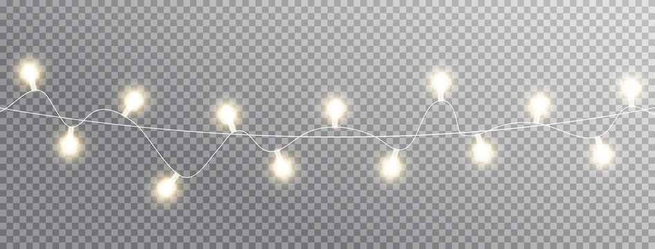 Christmas lights. Celebration background. Glowing garland white lights isolated on transparent long banner. Led neon lamp. Bright decoration for xmas cards, posters, web design. Vector illustration