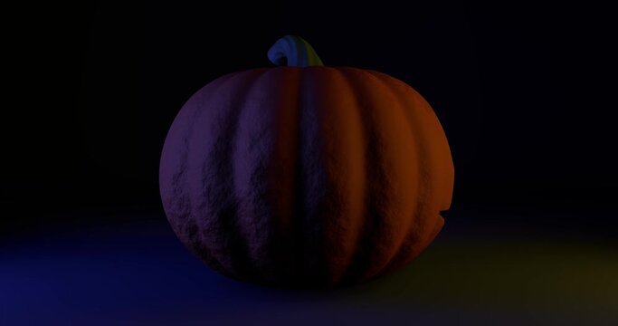 Halloween spooky pumpkin animation with 360 degrees rotation. Orange glow light inside of carved pumpkin. 3D seamless looping render of photo-realistic object.