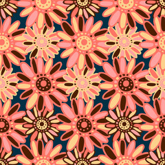 Vector seamless pattern colorful design of hand-drawn flower camomile in red tones