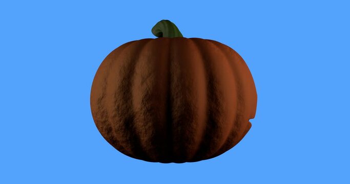 Halloween spooky pumpkin animation with 360 degrees rotation on blue chroma key background. Orange glow light inside of carved pumpkin. 3D seamless looping render of photo-realistic object.