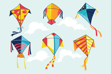 Fototapeta na wymiar Set of multicolored kites vector illustration for Makar Sankranti concept