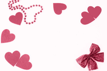frame of hearts of a shiny bow and a heart of beads,Fashionable color,Raspberry Sorbet