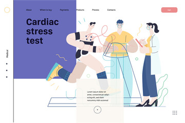 Medical tests template - cardiac stress test -modern flat vector concept digital illustration of stress test procedure -patient with sensors on treadmill and doctors carrying out procedure, laboratory