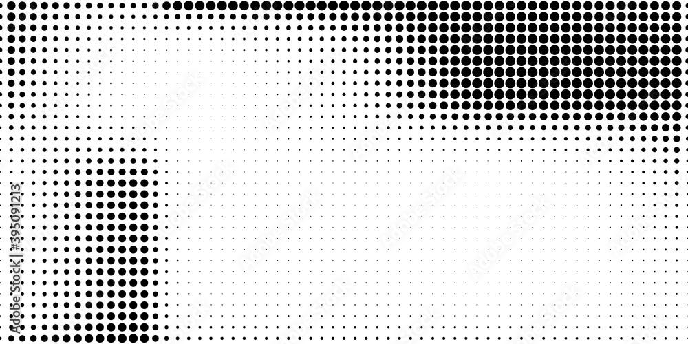 Poster Halftone in abstract style. Geometric retro banner vector texture. Modern print. White and black background. Light effect.