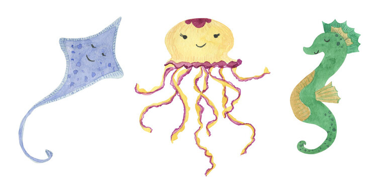 Watercolor painting cute baby sea animals: seahorse, octopus,jellyfish, stingray
