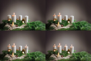 Four images 1st to 4th advent with festive arrangements of burning candles, fir tree branches and Christmas decoration, copy space - obrazy, fototapety, plakaty