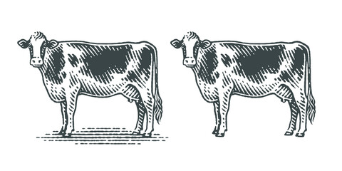 Cow. Hand drawn engraving style illustrations.