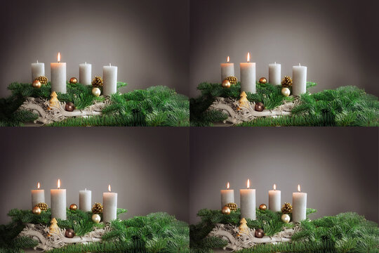 Four images 1st to 4th advent with festive arrangements of burning candles, fir tree branches and Christmas decoration, copy space