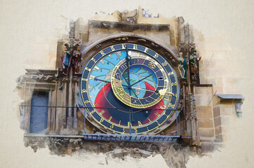 Watercolor drawing of Closeup Prague Astronomical Clock Orloj