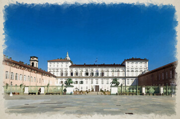 Fototapeta premium Watercolor drawing of Royal Palace Palazzo Reale building on Castle Square in historical centre of Turin Torino city