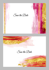 Red with gold horizontal background and template set for posters and Birthday, wedding, invitation, business cards. Hand drawn watercolor illustration