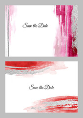 Red with silver horizontal background and template set for posters and Birthday, wedding, invitation, business cards. Hand drawn watercolor illustration