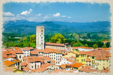 Watercolor drawing of Aerial top view of historical centre medieval town Lucca with old buildings